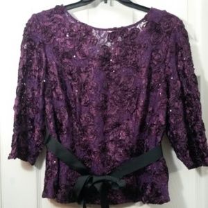 Alex Evenings Sequin, Lace,  & Ribbon Top - Purple